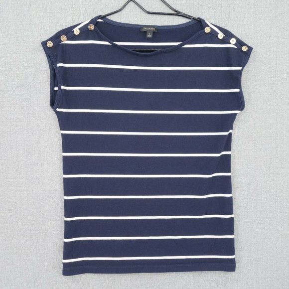 Talbots Shirt Womens Small Blue Striped Button Shoulder Short Sleeve Stretch - Picture 1 of 10